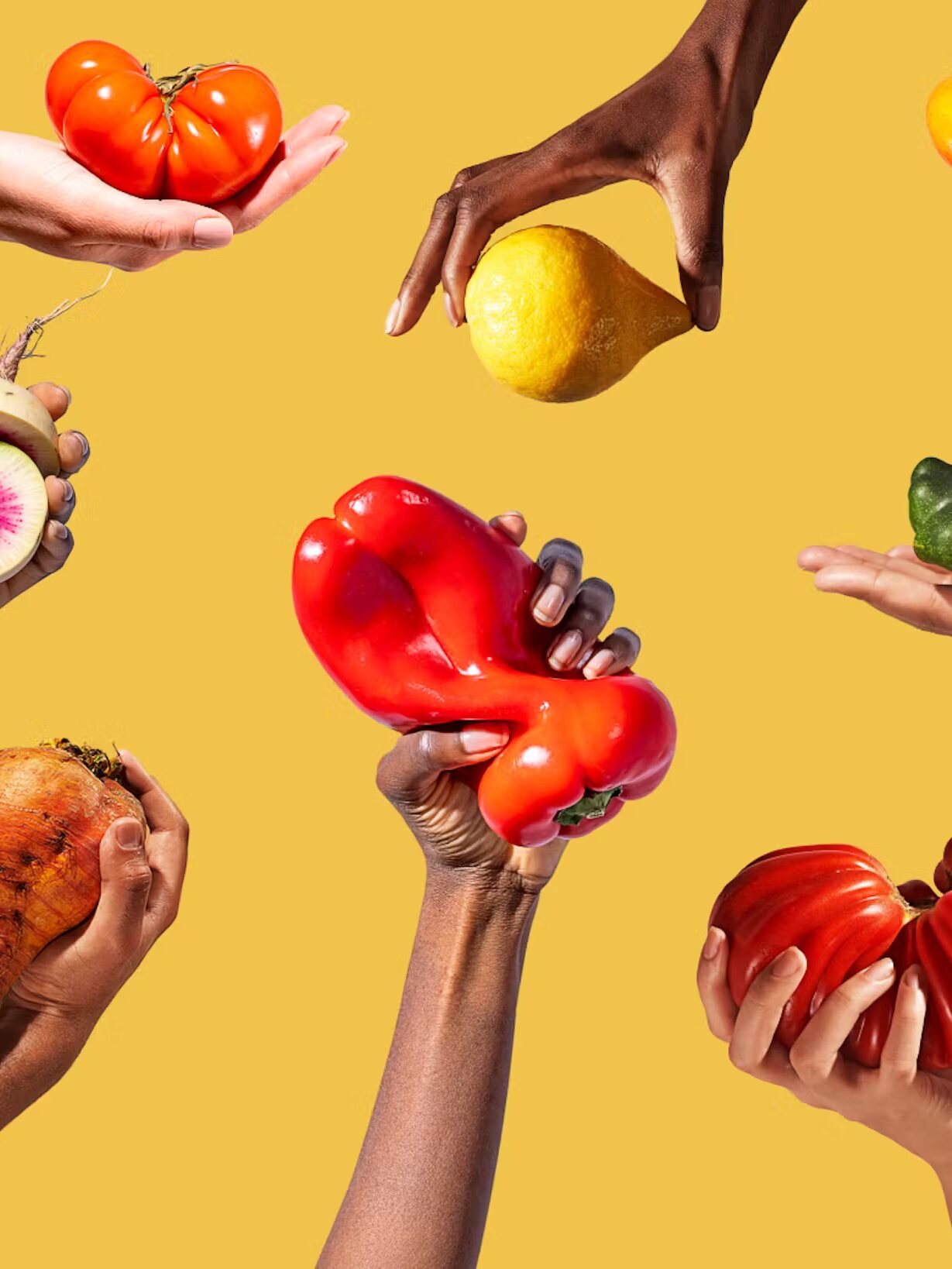 Hands holding various unique and colorful vegetables against a yellow background, including tomatoes, a pepper, a lemon, and a radish.