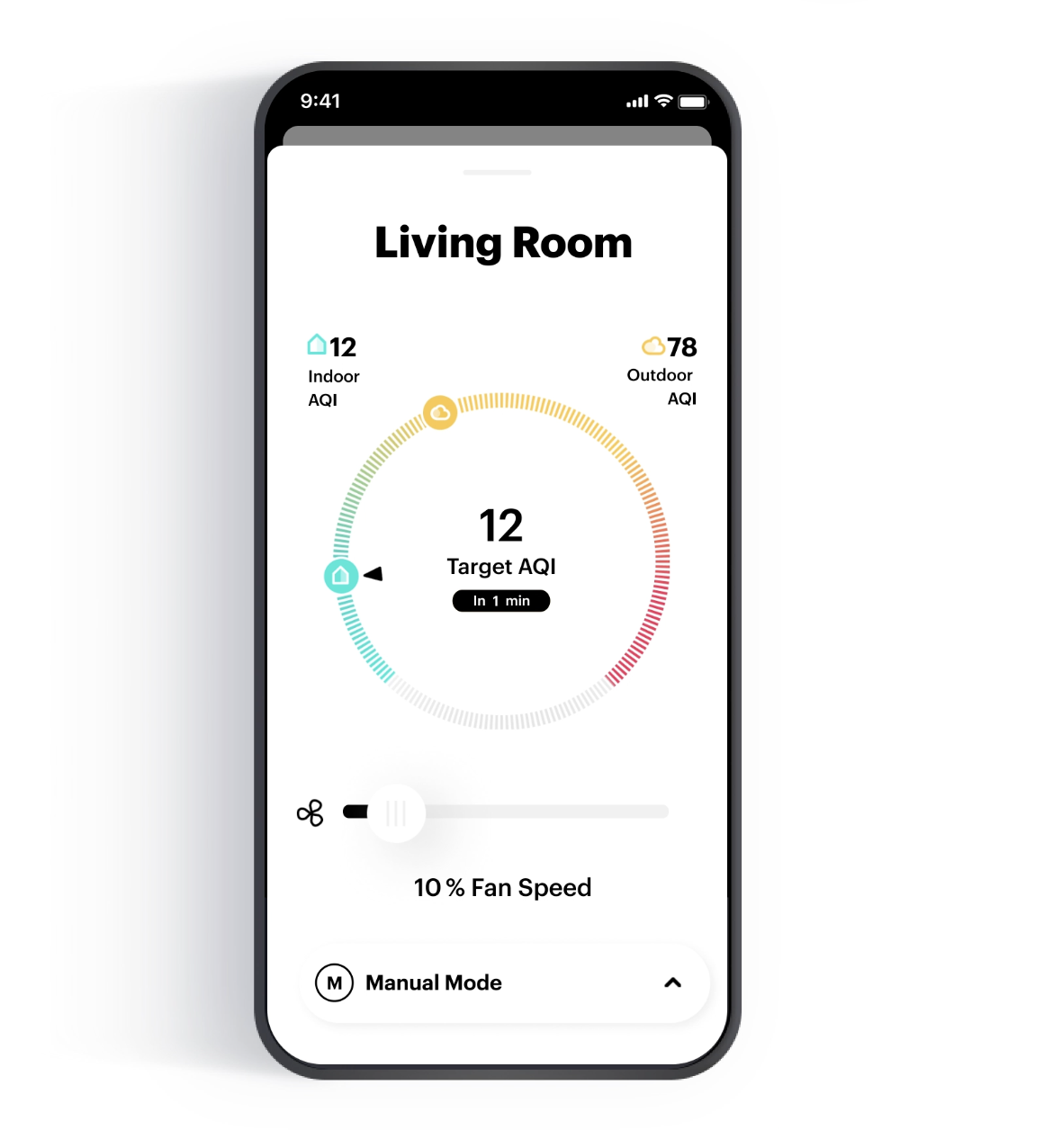 Smartphone displaying a living room air quality interface with indoor AQI at 12, outdoor AQI at 78, target AQI 12, and fan speed at 10%.