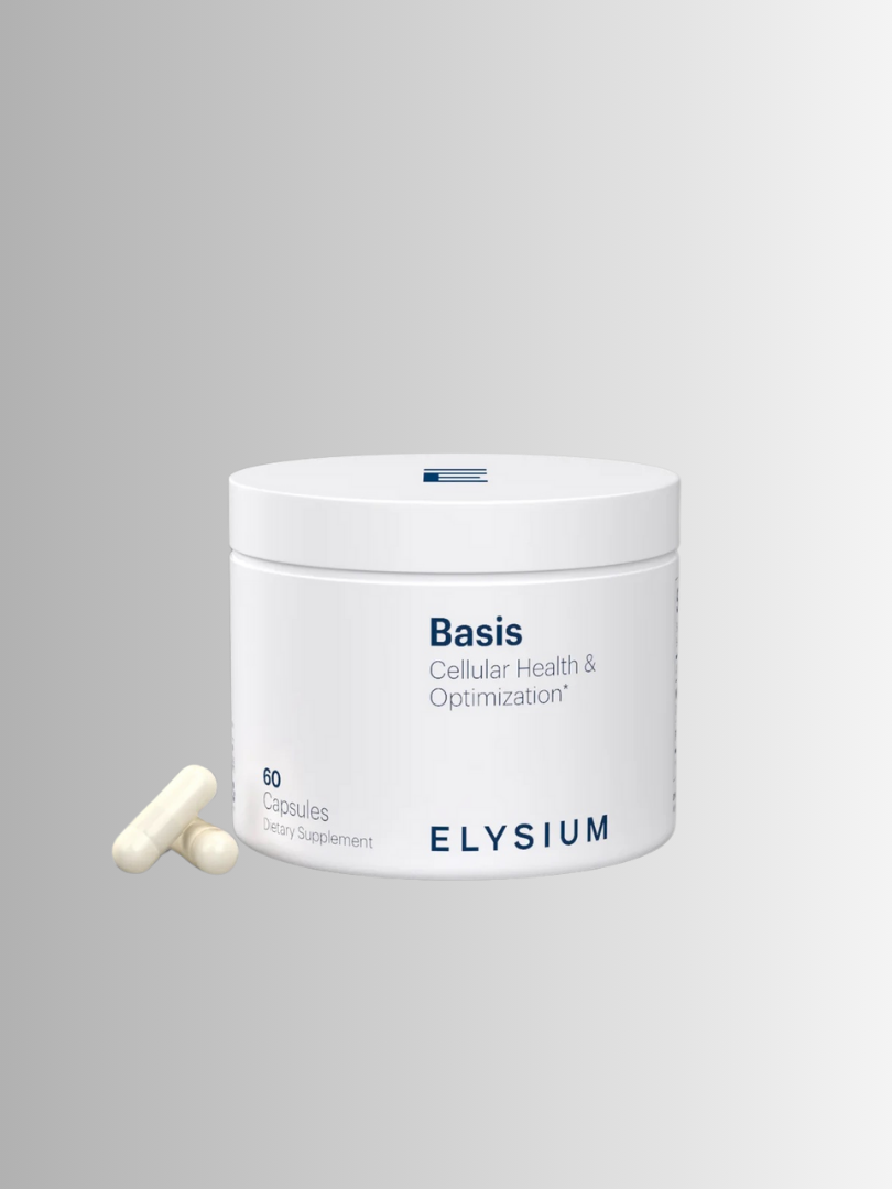 A white container labeled "Basis Cellular Health & Optimization" by Elysium, with two white capsules beside it, on a gradient background.