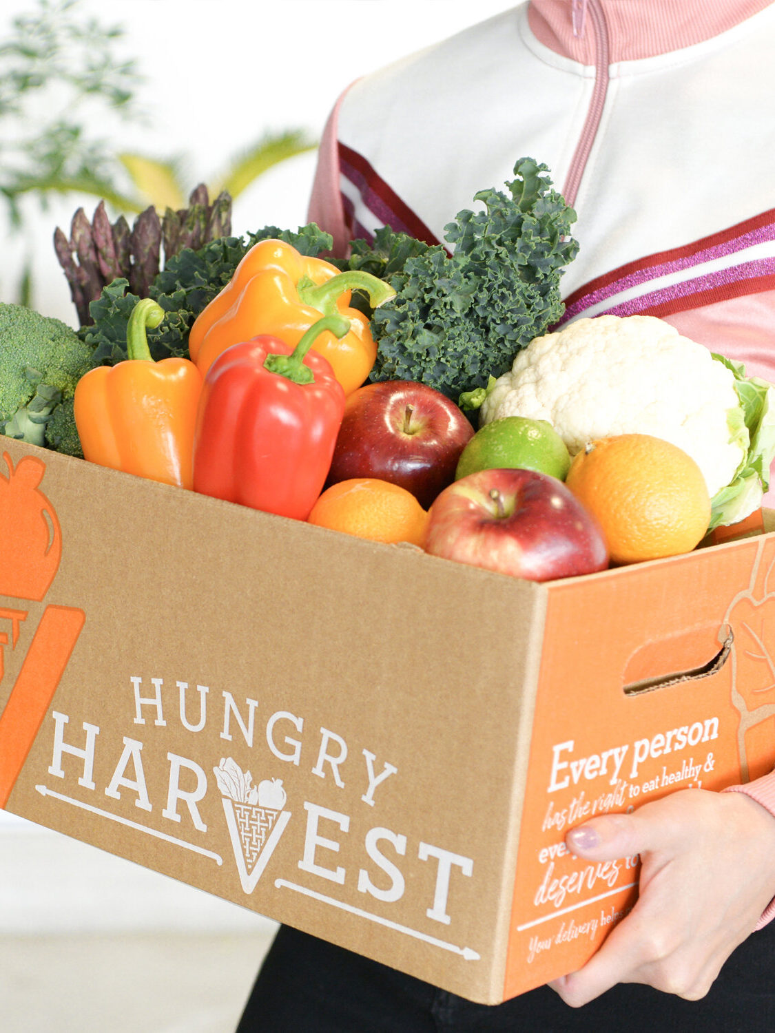 Person holding a box labeled "Hungry Harvest" filled with various fruits and vegetables, including bell peppers, apples, oranges, broccoli, asparagus, kale, and cauliflower.