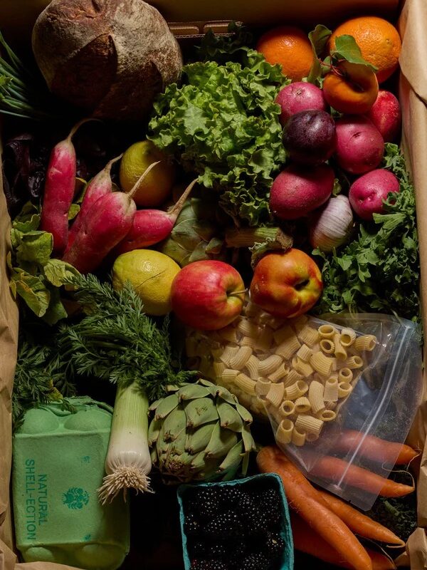 A box filled with various fruits, vegetables, a loaf of bread, a carton of eggs, pasta, and a small pack of blackberries.