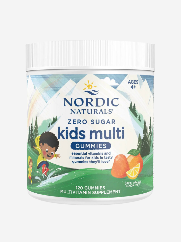 Container of Nordic Naturals Zero Sugar Kids Multi Gummies, 120 count, with orange and lemon flavor. Suitable for ages 4 and up.